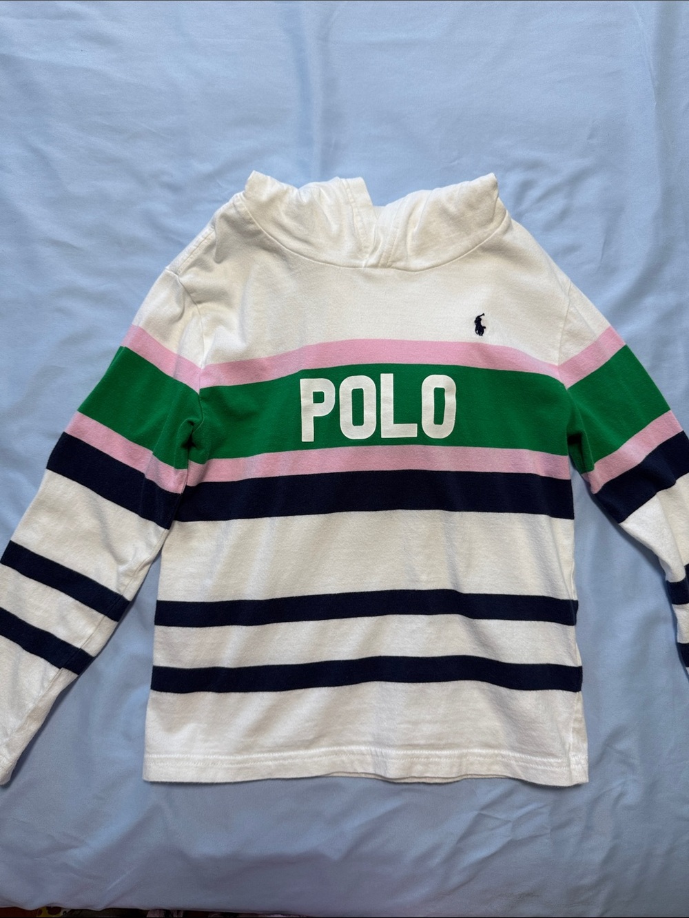 Polo by Ralph Lauren White Hoodie Top with Green, Pink & Navy Stripes